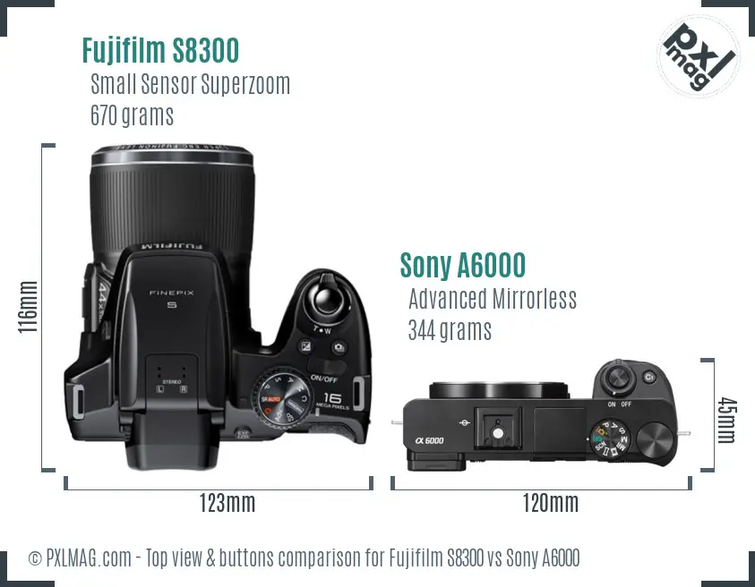 Fujifilm S8300 vs Sony A6000 top view buttons comparison