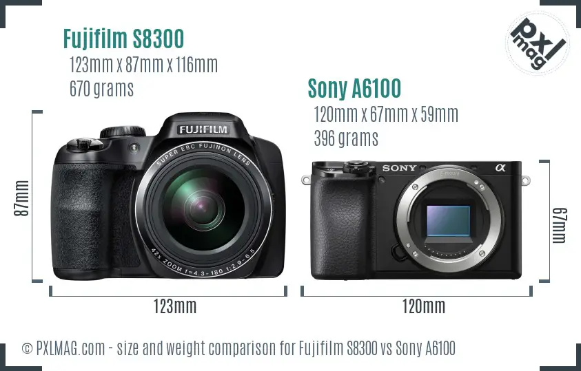 Fujifilm S8300 vs Sony A6100 size comparison