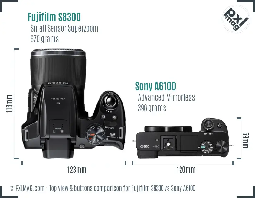 Fujifilm S8300 vs Sony A6100 top view buttons comparison