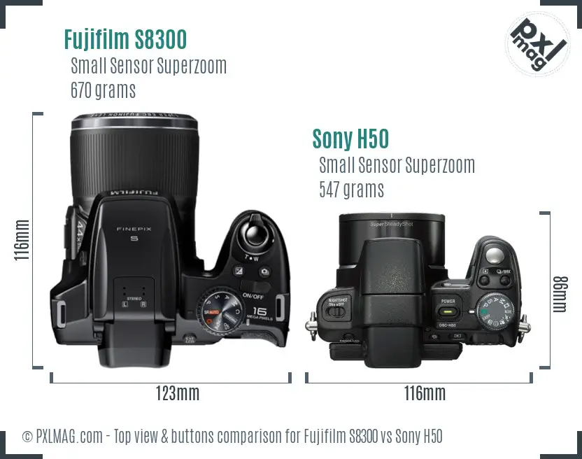 Fujifilm S8300 vs Sony H50 top view buttons comparison Fujifilm S8300 vs Sony H50 top view buttons comparison