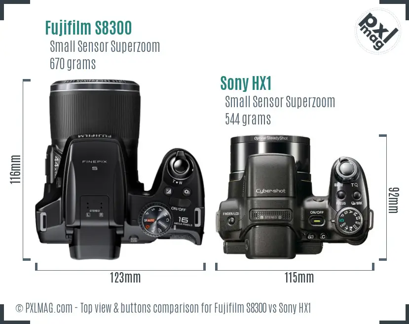 Fujifilm S8300 vs Sony HX1 top view buttons comparison