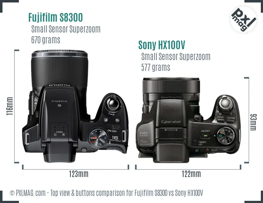 Fujifilm S8300 vs Sony HX100V top view buttons comparison