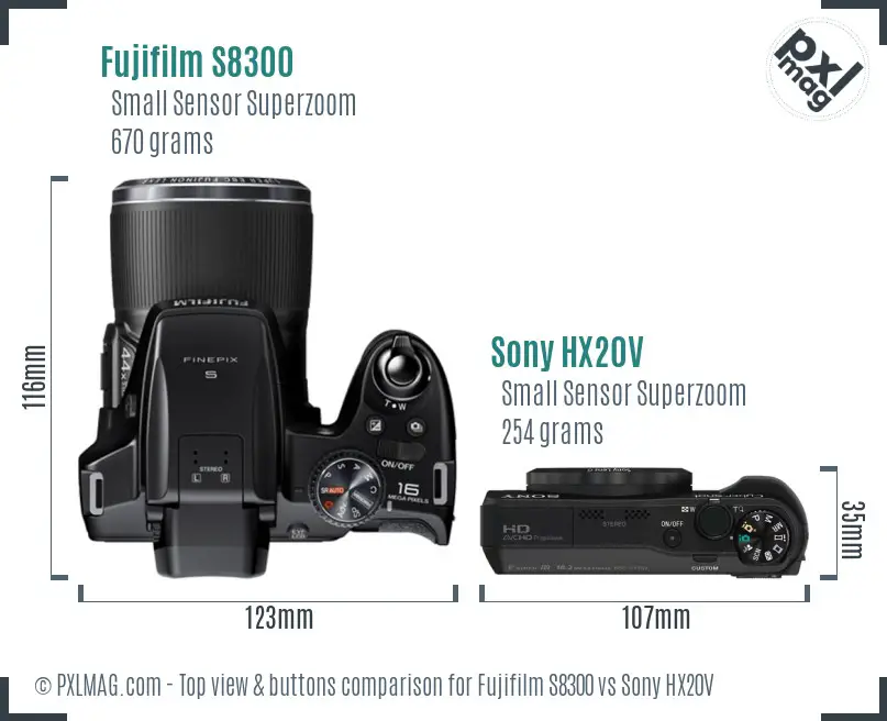 Fujifilm S8300 vs Sony HX20V top view buttons comparison