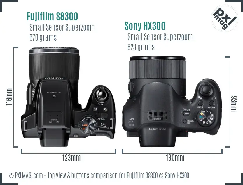 Fujifilm S8300 vs Sony HX300 top view buttons comparison