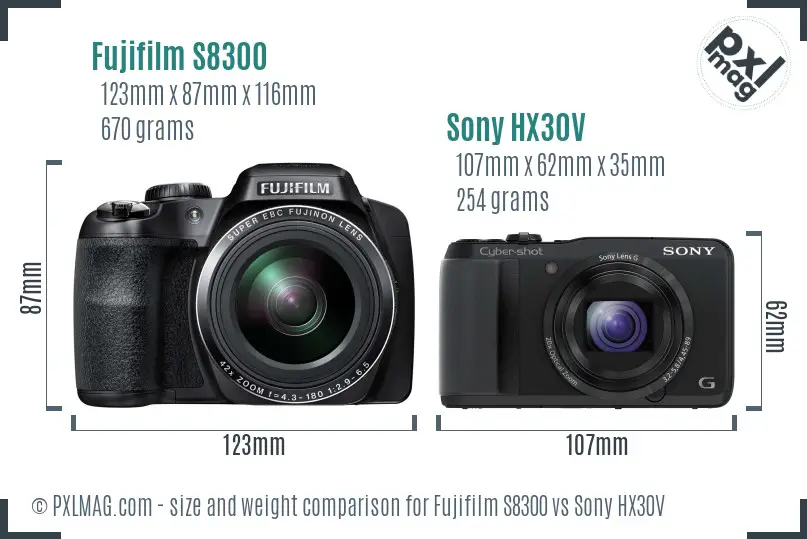 Fujifilm S8300 vs Sony HX30V size comparison