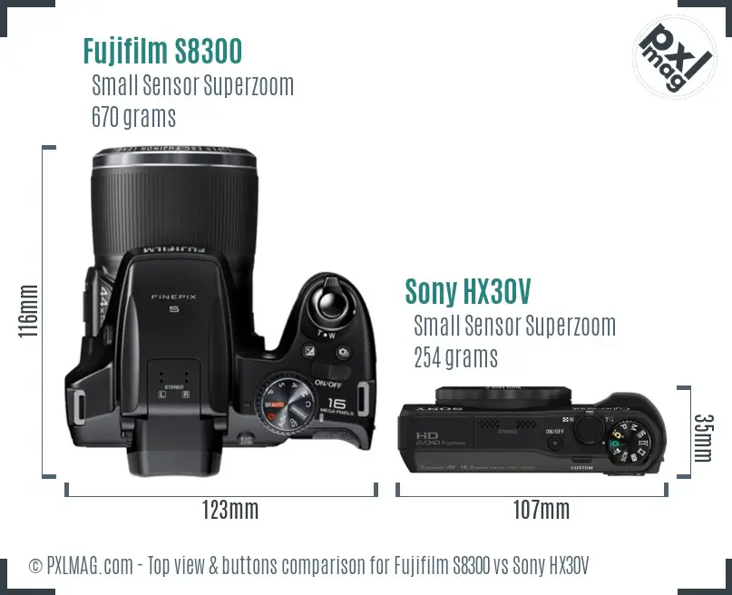 Fujifilm S8300 vs Sony HX30V top view buttons comparison