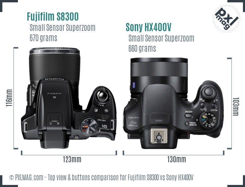 Fujifilm S8300 vs Sony HX400V top view buttons comparison