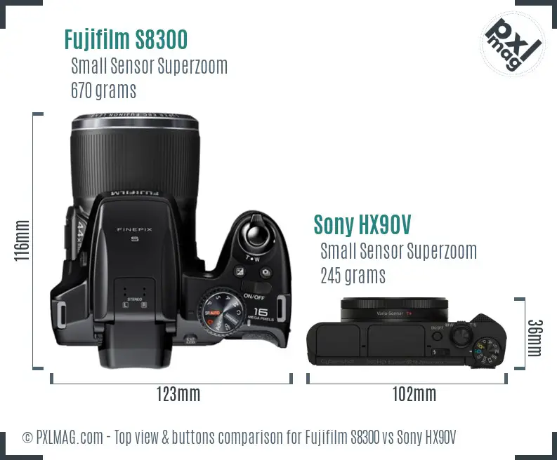 Fujifilm S8300 vs Sony HX90V top view buttons comparison