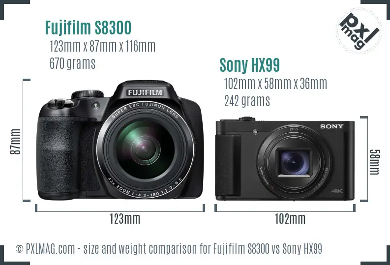 Fujifilm S8300 vs Sony HX99 size comparison