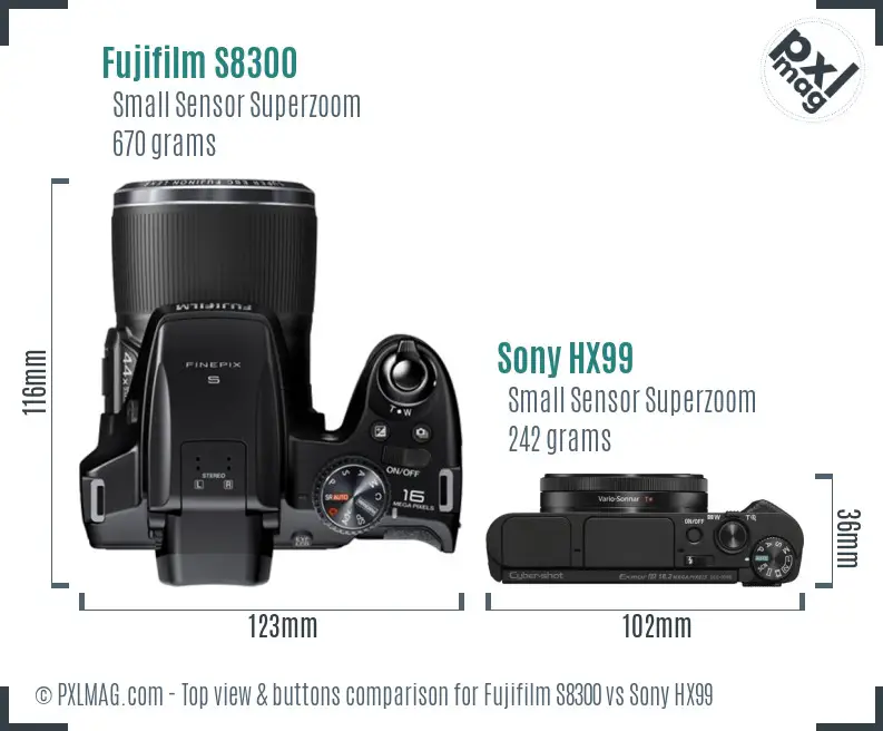 Fujifilm S8300 vs Sony HX99 top view buttons comparison