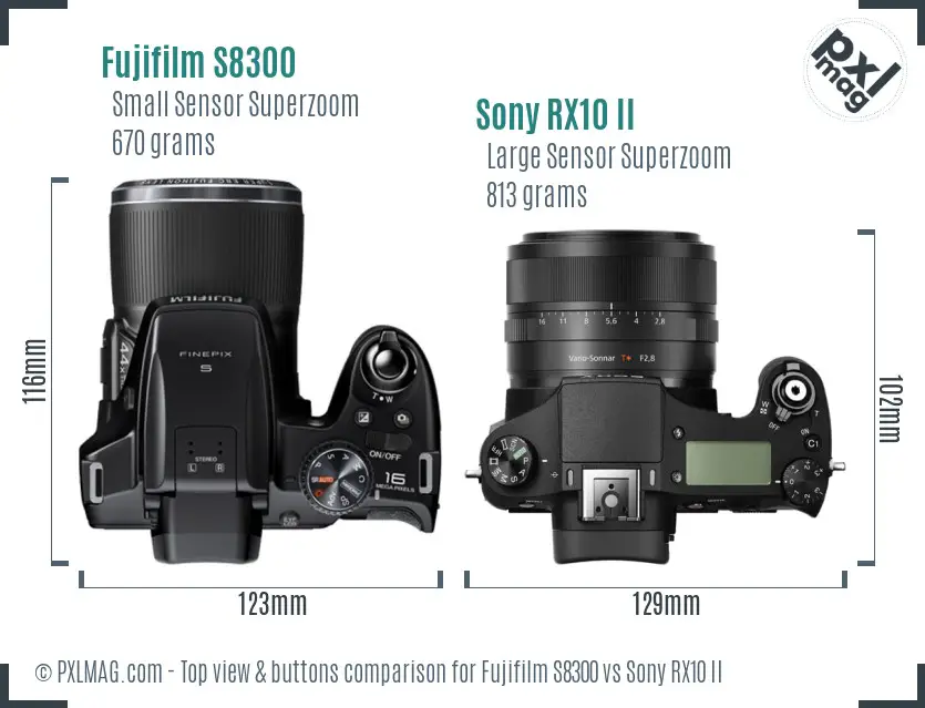 Fujifilm S8300 vs Sony RX10 II top view buttons comparison