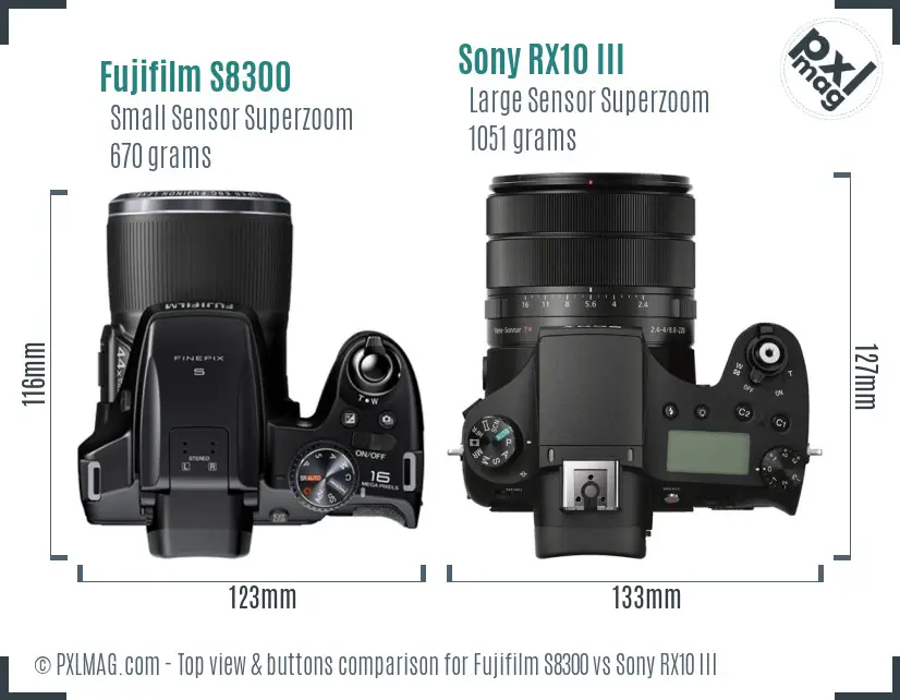 Fujifilm S8300 vs Sony RX10 III top view buttons comparison