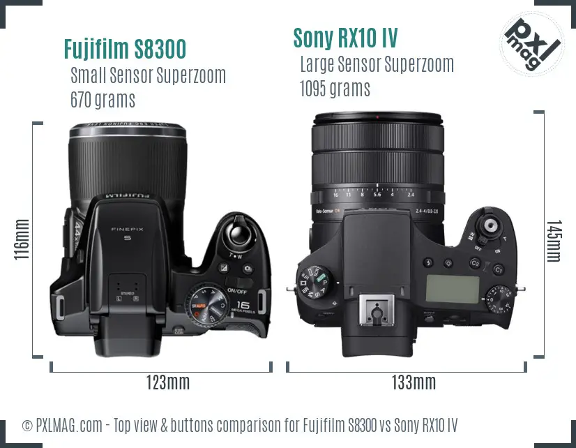Fujifilm S8300 vs Sony RX10 IV top view buttons comparison