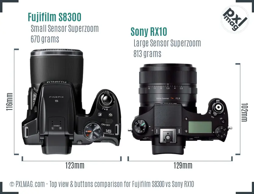 Fujifilm S8300 vs Sony RX10 top view buttons comparison