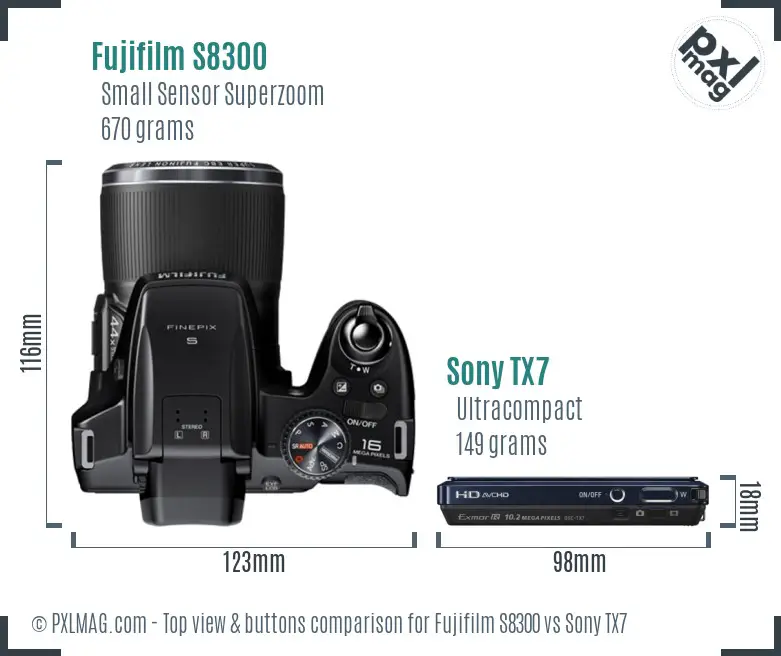 Fujifilm S8300 vs Sony TX7 top view buttons comparison