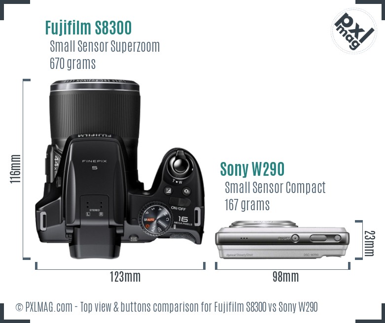 Fujifilm S8300 vs Sony W290 top view buttons comparison