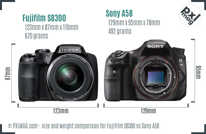 Fujifilm S8300 vs Sony A58 size comparison