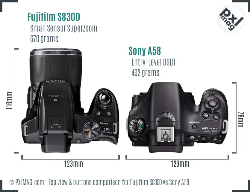 Fujifilm S8300 vs Sony A58 top view buttons comparison