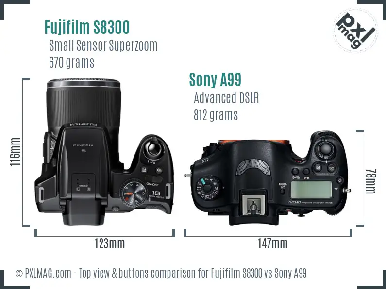 Fujifilm S8300 vs Sony A99 top view buttons comparison