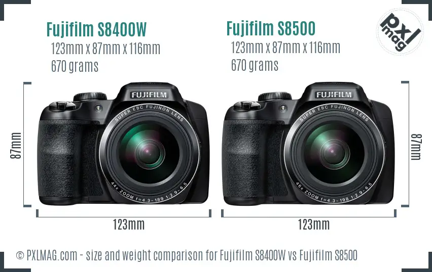Fujifilm S8400W vs Fujifilm S8500 size comparison