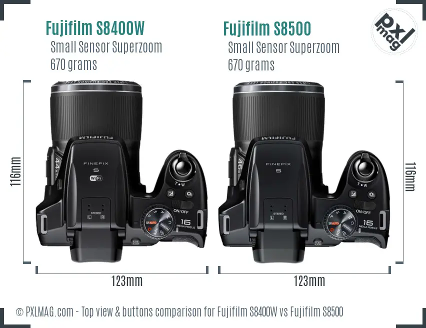Fujifilm S8400W vs Fujifilm S8500 top view buttons comparison