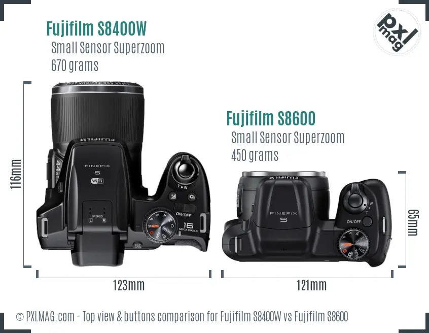 Fujifilm S8400W vs Fujifilm S8600 top view buttons comparison