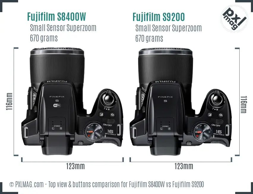 Fujifilm S8400W vs Fujifilm S9200 top view buttons comparison