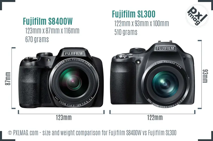 Fujifilm S8400W vs Fujifilm SL300 size comparison
