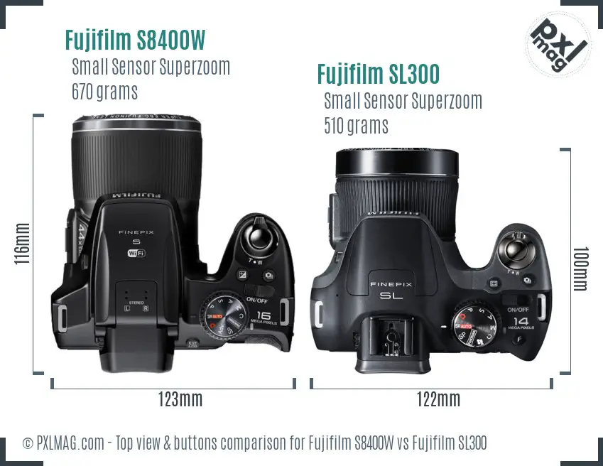 Fujifilm S8400W vs Fujifilm SL300 top view buttons comparison