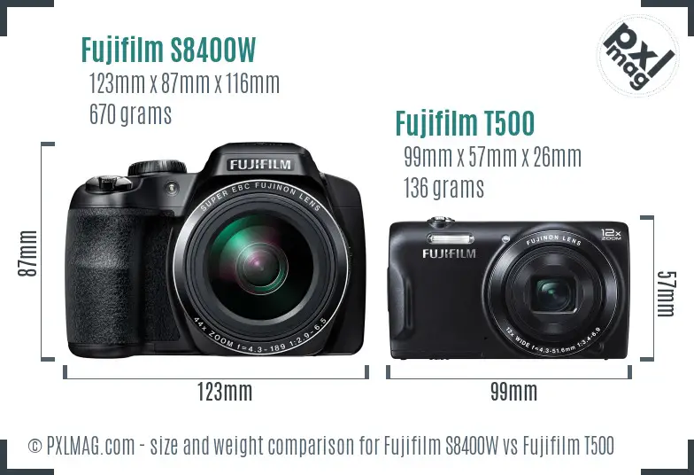 Fujifilm S8400W vs Fujifilm T500 size comparison