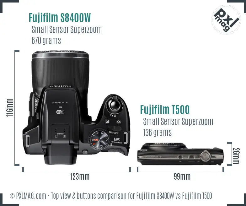Fujifilm S8400W vs Fujifilm T500 top view buttons comparison