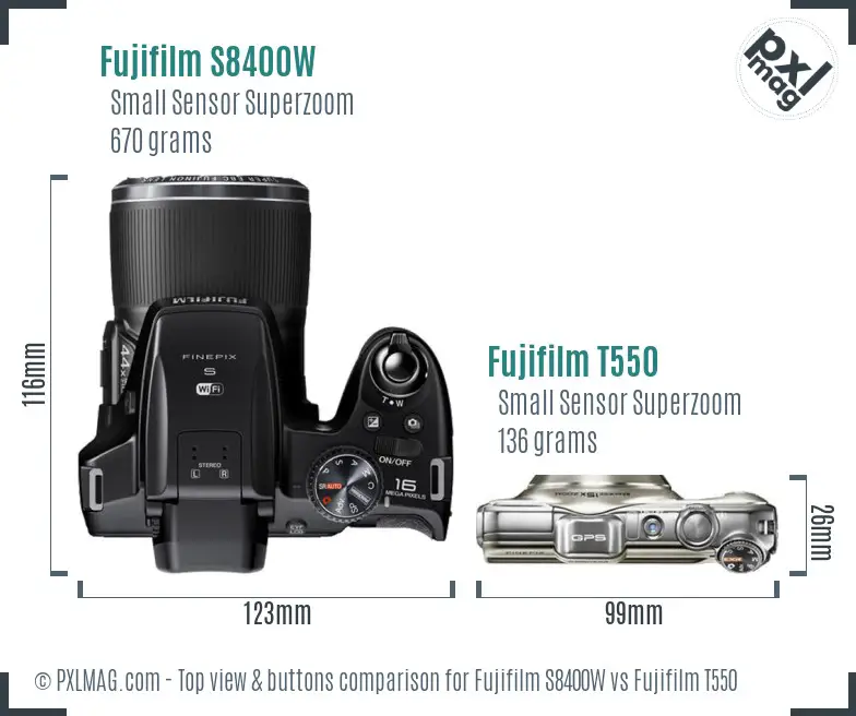 Fujifilm S8400W vs Fujifilm T550 top view buttons comparison
