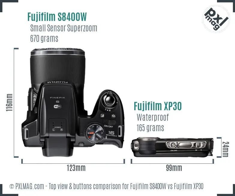 Fujifilm S8400W vs Fujifilm XP30 top view buttons comparison