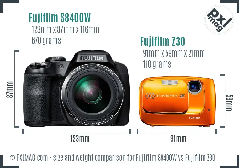 Fujifilm S8400W vs Fujifilm Z30 size comparison