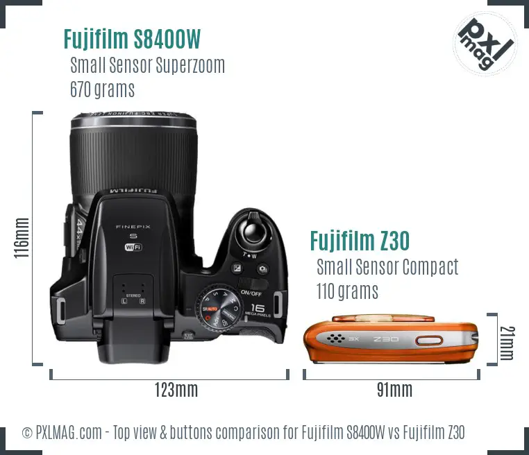 Fujifilm S8400W vs Fujifilm Z30 top view buttons comparison