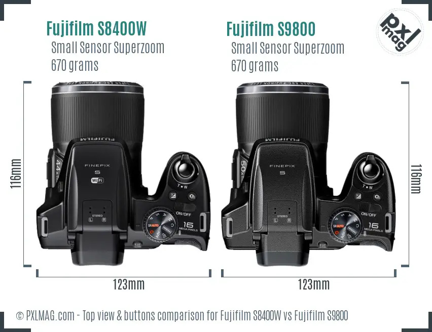 Fujifilm S8400W vs Fujifilm S9800 top view buttons comparison