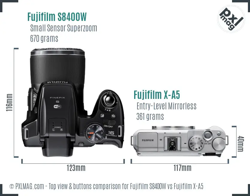 Fujifilm S8400W vs Fujifilm X-A5 top view buttons comparison