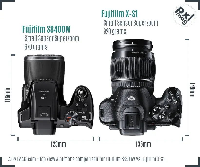 Fujifilm S8400W vs Fujifilm X-S1 top view buttons comparison