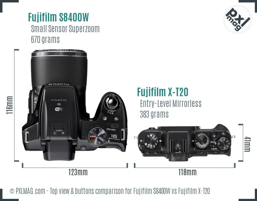 Fujifilm S8400W vs Fujifilm X-T20 top view buttons comparison
