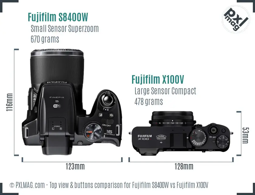 Fujifilm S8400W vs Fujifilm X100V top view buttons comparison