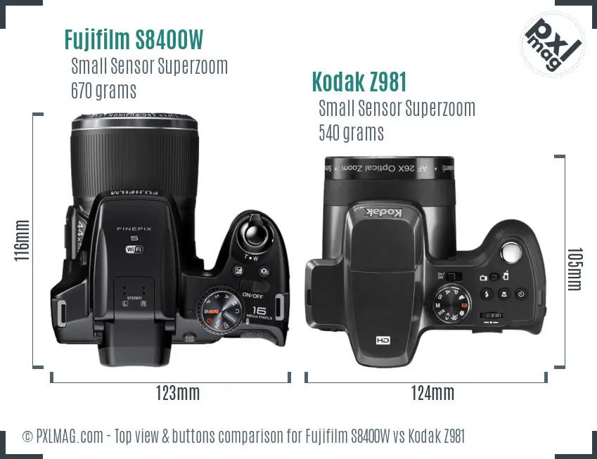Fujifilm S8400W vs Kodak Z981 top view buttons comparison