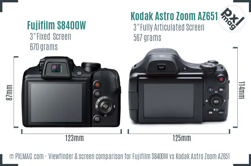 Fujifilm S8400W vs Kodak Astro Zoom AZ651 Screen and Viewfinder comparison