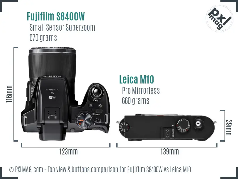 Fujifilm S8400W vs Leica M10 top view buttons comparison