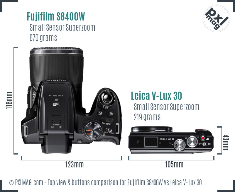 Fujifilm S8400W vs Leica V-Lux 30 top view buttons comparison