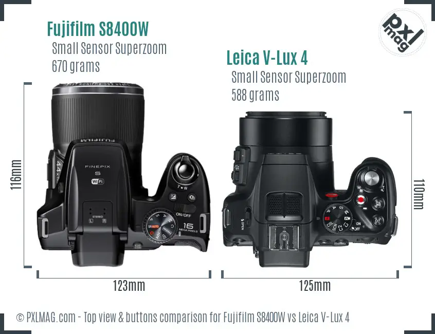 Fujifilm S8400W vs Leica V-Lux 4 top view buttons comparison