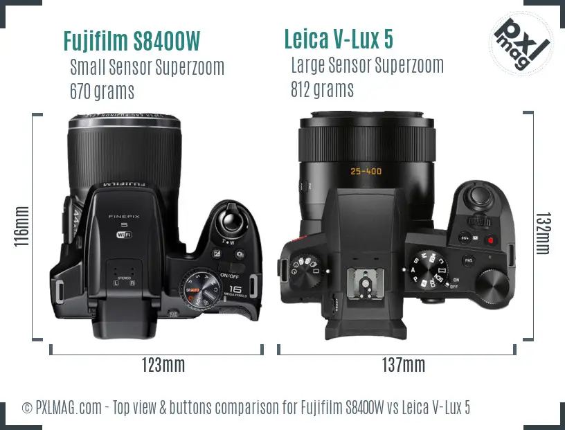 Fujifilm S8400W vs Leica V-Lux 5 top view buttons comparison