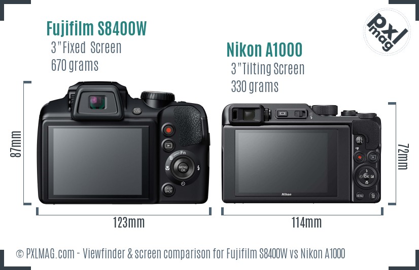 Fujifilm S8400W vs Nikon A1000 Screen and Viewfinder comparison