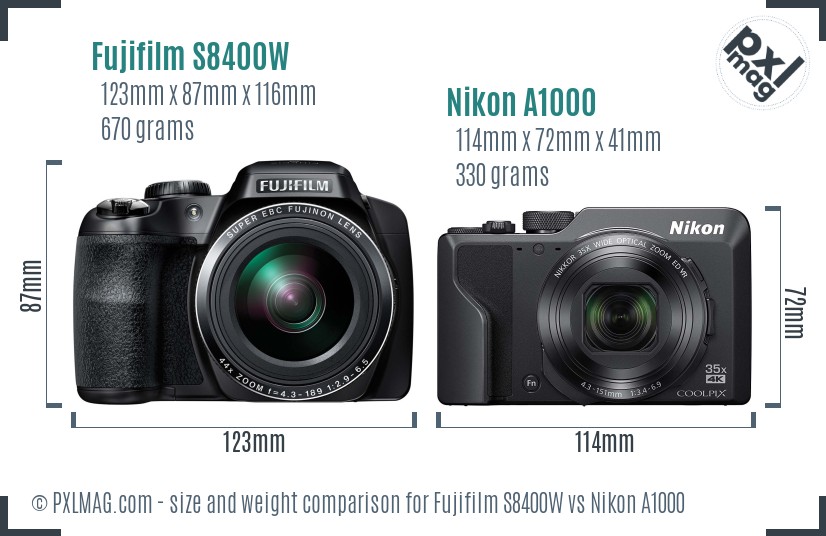 Fujifilm S8400W vs Nikon A1000 size comparison Fujifilm S8400W vs Nikon A1000 size comparison