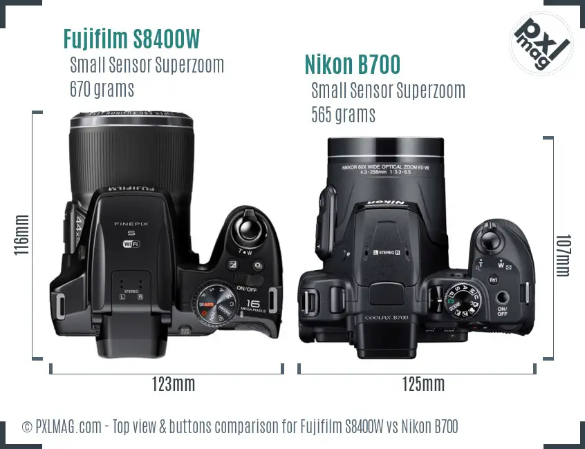 Fujifilm S8400W vs Nikon B700 top view buttons comparison