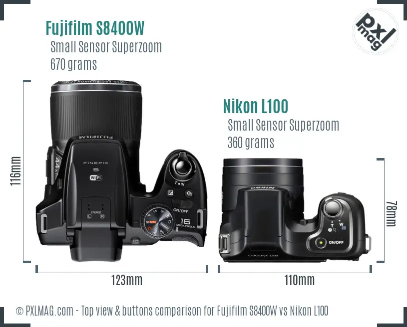 Fujifilm S8400W vs Nikon L100 top view buttons comparison Fujifilm S8400W vs Nikon L100 top view buttons comparison